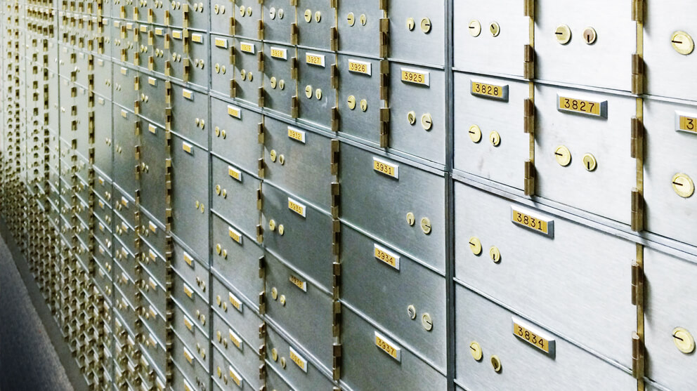 Safety deposit boxes storage in a bank vault
