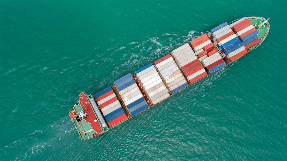 Aerial view of container ship