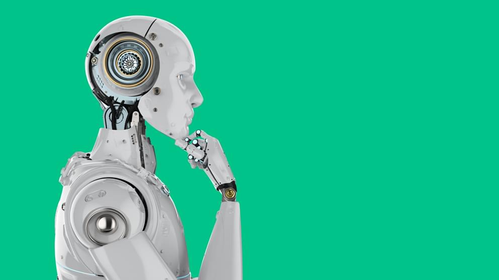 Humanoid robot thinking on green background
