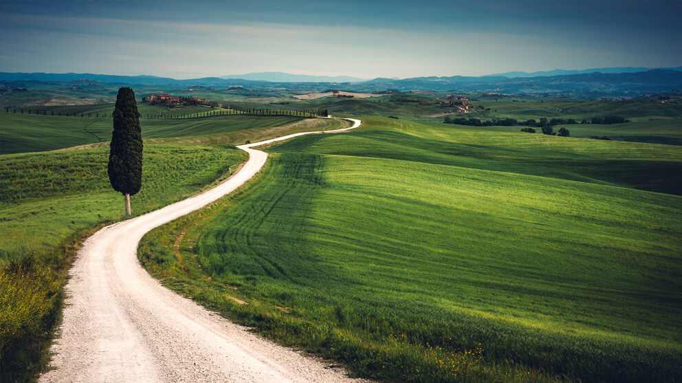 Road through Tuscan fields and hills